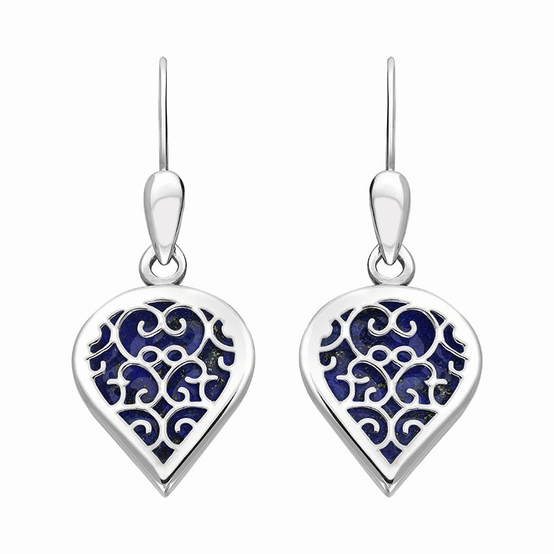 18ct White Gold Lapis Lazuli Flore Filigree Heart Drop Earrings