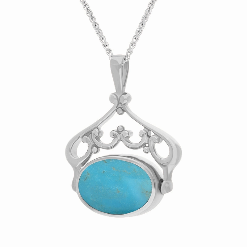 18ct White Gold Whitby Jet Turquoise Double Sided Oval Swivel Fob Necklace