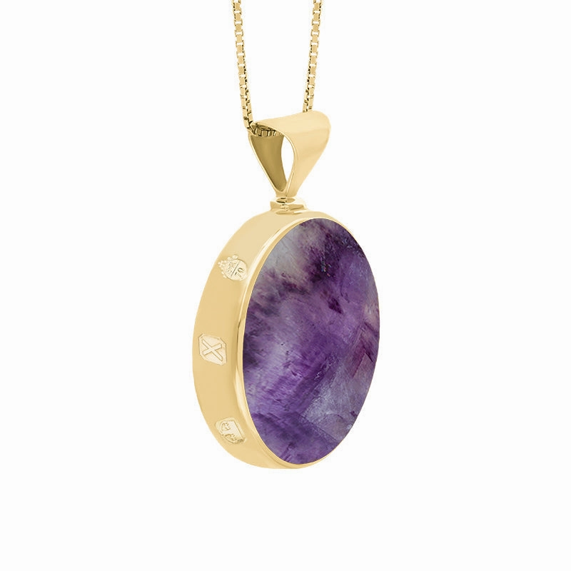 18ct Yellow Gold Blue John Mother of Pearl Queens Jubilee Hallmark Double Sided Round Necklace D