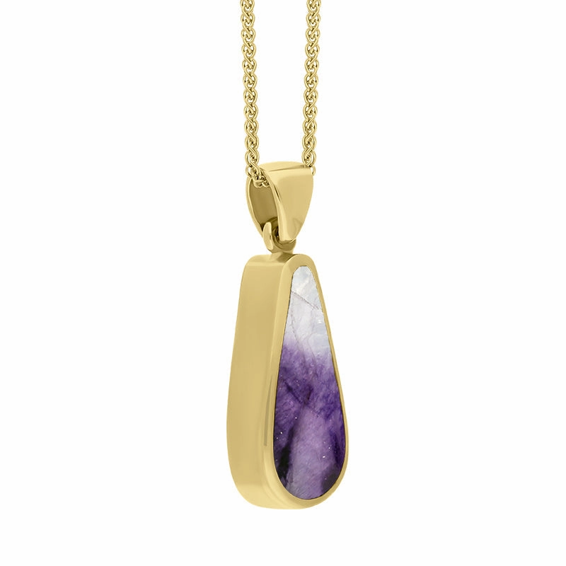 18ct Yellow Gold Blue John Mother Of Pearl Small Double Sided Pear Cut Fob Necklace