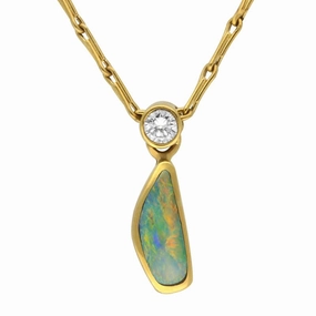 18ct Yellow Gold Opal Diamond Unique Organic Necklace