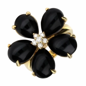 18ct Yellow Gold Whitby Jet 0.15ct Diamond Five Stone Petal Ring