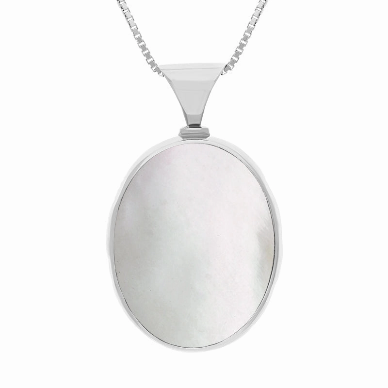 9ct White Gold Blue John Mother of Pearl King's Coronation Hallmark Double Sided Oval Necklace D