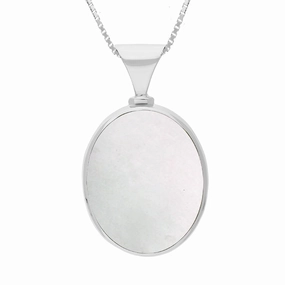 9ct White Gold Whitby Jet Mother of Pearl King's Coronation Hallmark Double Sided Oval Necklace D