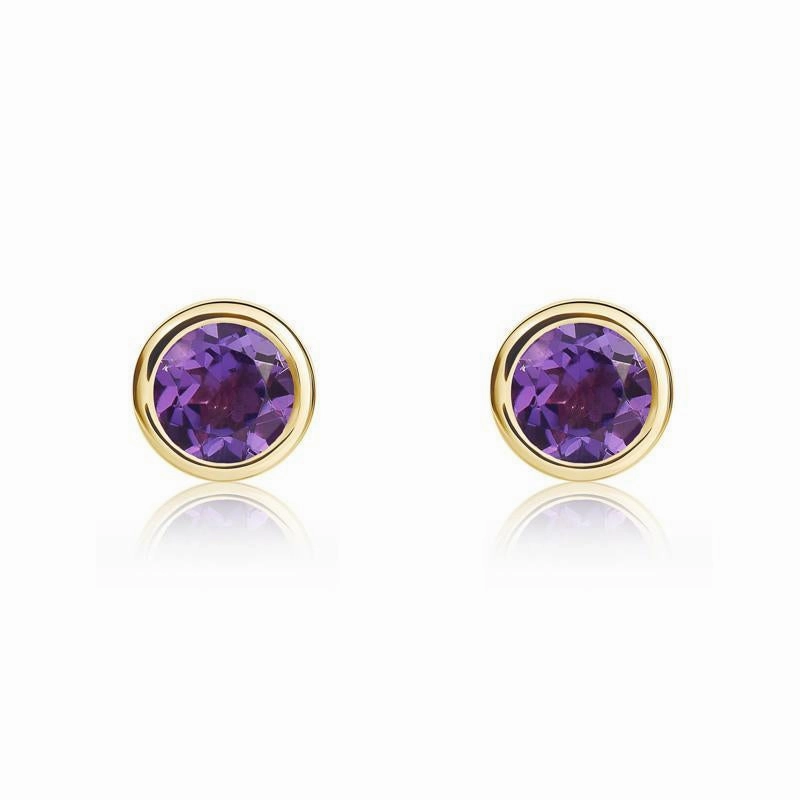 9ct Yellow Gold Amethyst 4mm Round Rub Over Set Stud Earrings