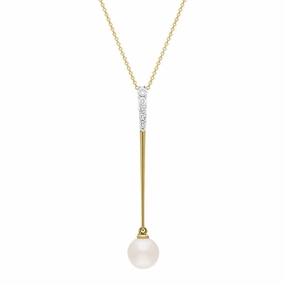 9ct Yellow Gold Freshwater Pearl 0.18ct Diamond Drop Necklace D