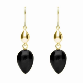 9ct Yellow Gold Whitby Jet Carved Pear Bead Drop Hook Earrings