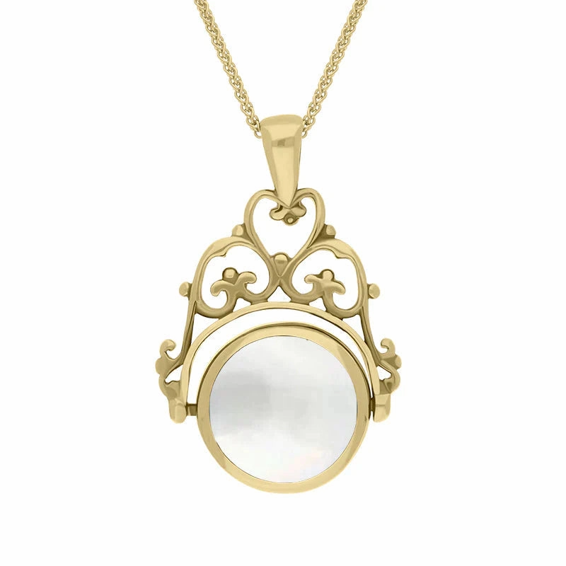 9ct Yellow Gold Whitby Jet Mother Of Pearl Double Sided Round Swivel Fob Necklace