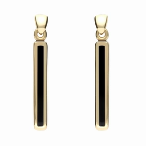 9ct Yellow Gold Whitby Jet Short Slim Drop Earrings