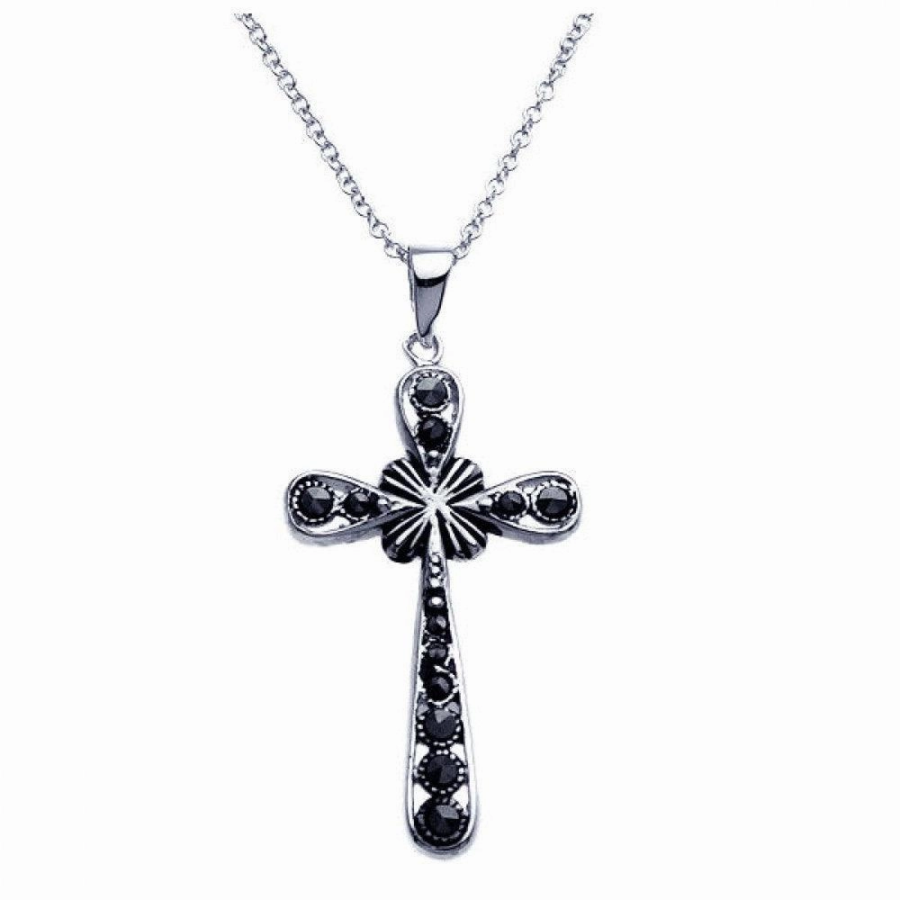 Clearance-Silver 925 Black Rhodium Plated Cross CZ Dangling Necklace - BGP00251