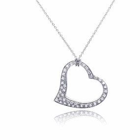 Clearance-Silver 925 Clear CZ Rhodium Plated Dangling Heart Pendant Necklace - STP00068