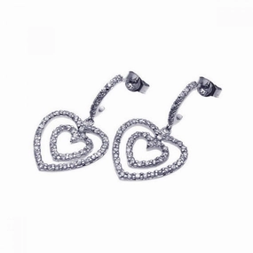 Clearance-Silver 925 Rhodium Plated Graduated Two Heart CZ Dangling Semi-Hoop Earrings - STE00486