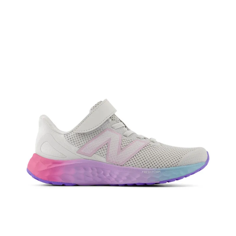 Fresh Foam Arishi v4 Bungee Lace with Top Strap - Grey Matter with Mid Century Pink and Lilac Glo - Kids