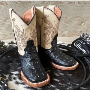 Kids Boy's Caiman Hornback Print Boots In Black/tan
