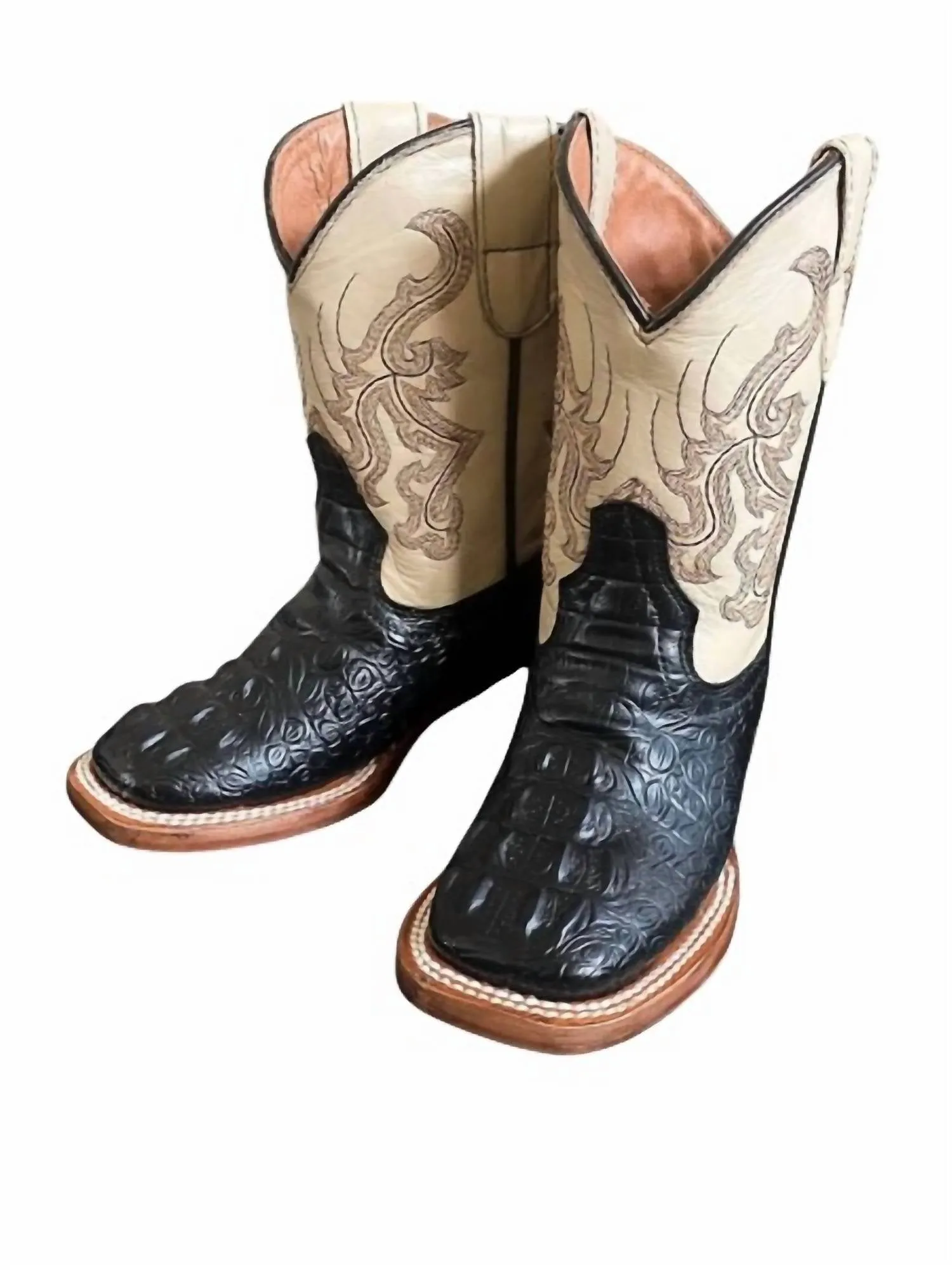 Kids Boy's Caiman Hornback Print Boots In Black/tan