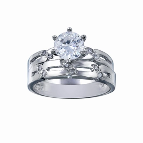 Rhodium Plated 925 Sterling Silver Clear Double Stackable CZ Engagement Ring Set - ANT00017