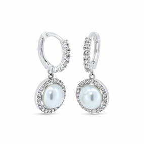 Rhodium Plated 925 Sterling Silver CZ Mother of Pearl 11.2mm Hoop Earrings - GME00144