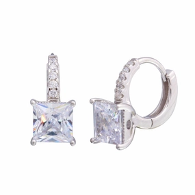 Rhodium Plated 925 Sterling Silver Dangling Square CZ huggie hoop Earrings - STE01214