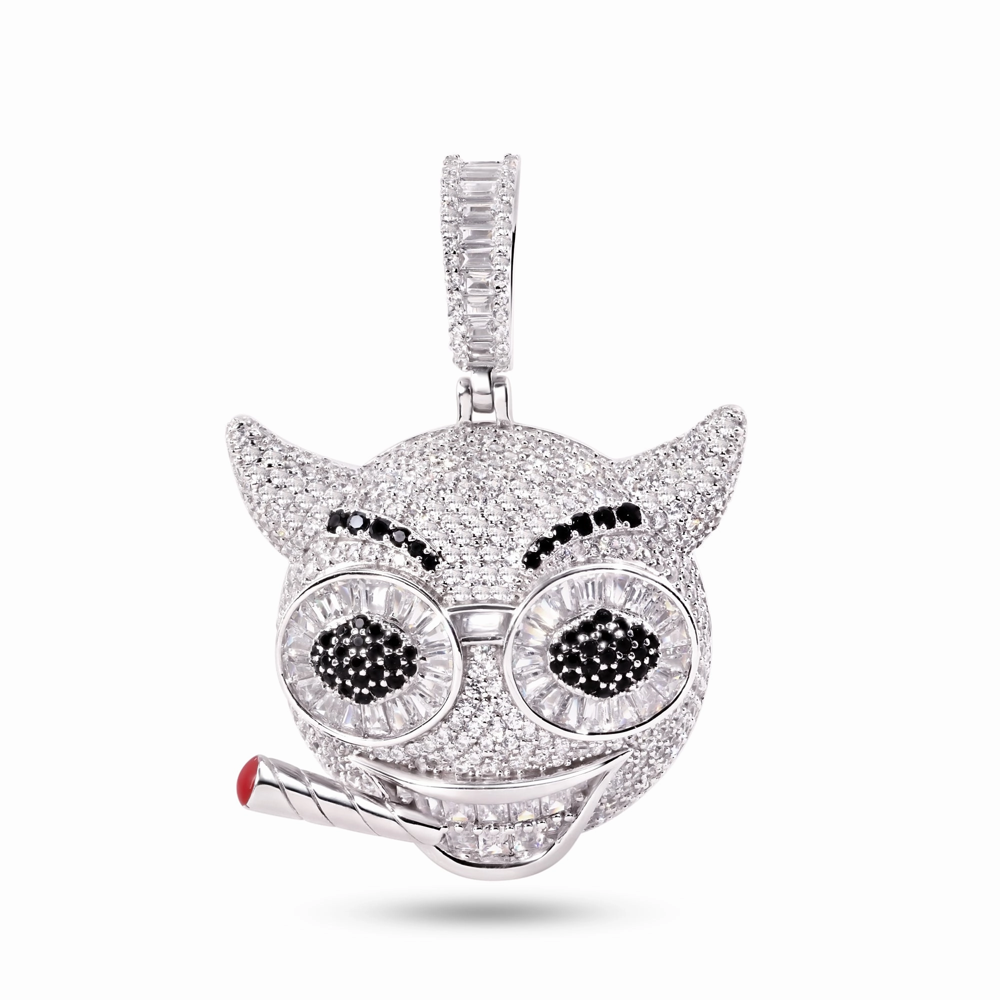 Rhodium Plated 925 Sterling Silver Devil Smoking Clear and Black CZ Pendant - SLP00408