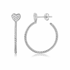 Silver 925 Rhodium Plated Rope Designed Semi Hoop Earrings on a CZ Heart - STE01057