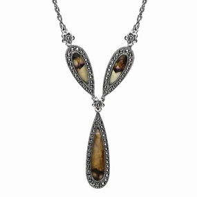 Sterling Silver Blue John Marcasite Three Pear Drop Necklace