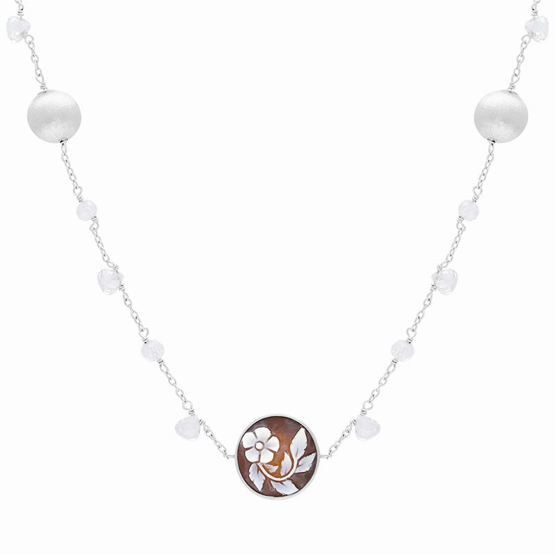 Sterling Silver Cubic Zirconia Cameo Round Flower Necklace D