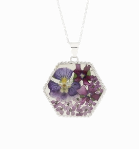 Sterling Silver Floral Purple Petal Large Hexagonal Necklace