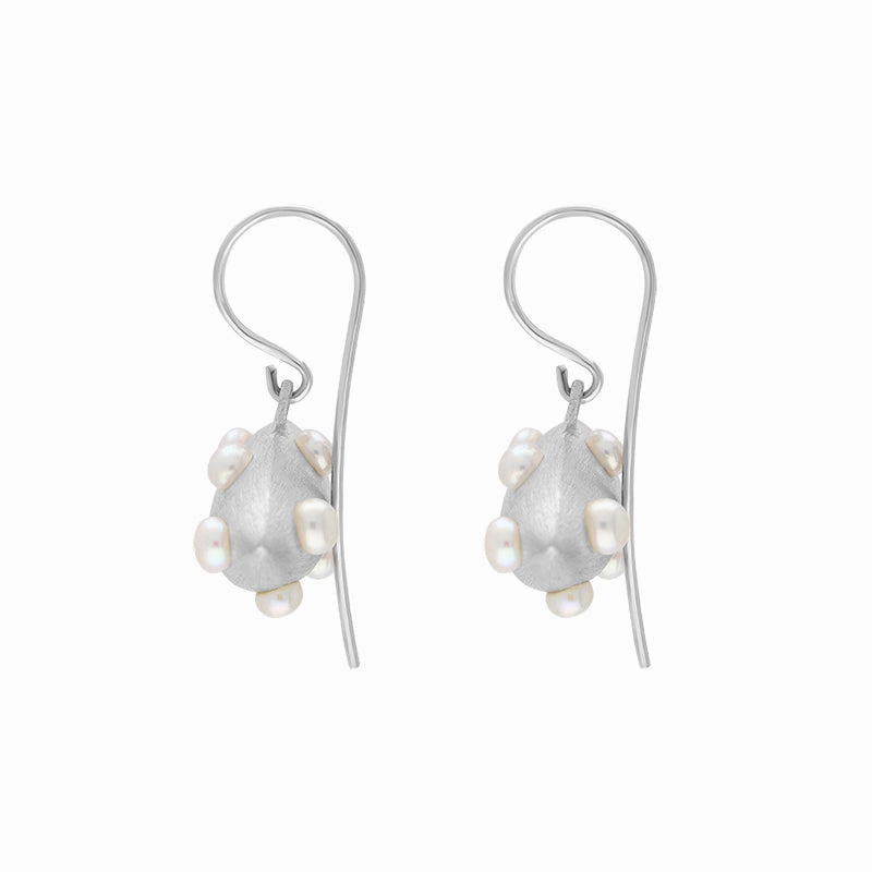 Sterling Silver Freshwater Pearl Brushed Horizontal Marquise Drop Earrings D