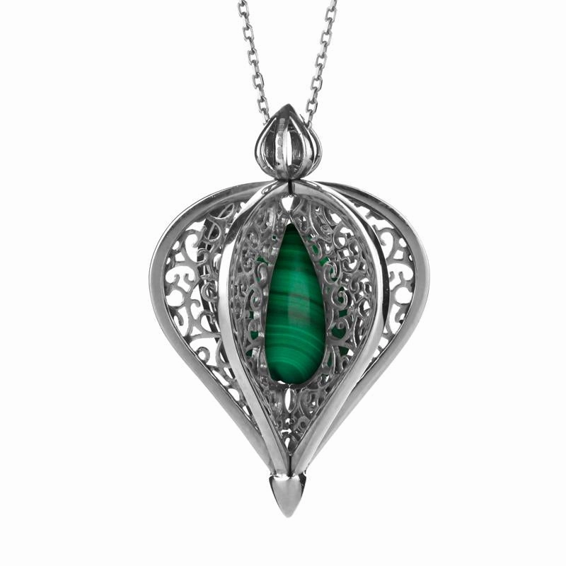 Sterling Silver Malachite Flore Filigree Droplet Necklace
