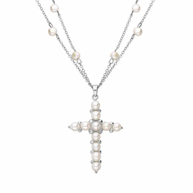 Sterling Silver Pearl Double Chain Cross Necklace D