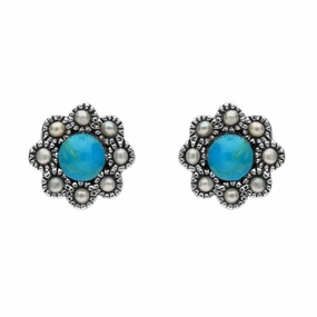 Sterling Silver Turquoise Pearl Round Edge Bead Stud Earrings