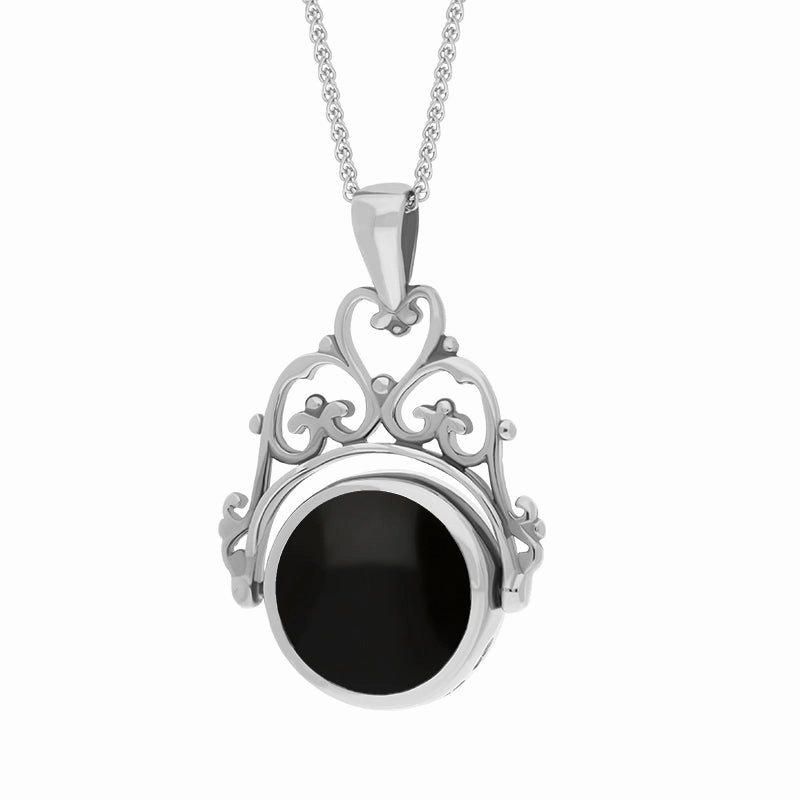Sterling Silver Whitby Jet Lapis Lazuli Double Sided Round Swivel Fob Necklace