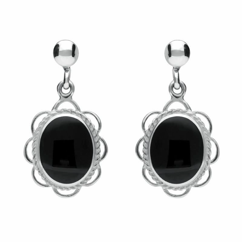 Sterling Silver Whitby Jet Large Oval Rope Frill Drop Earrings