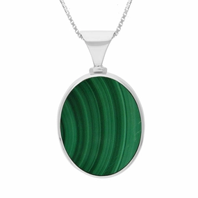 Sterling Silver Whitby Jet Malachite King's Coronation Hallmark Double Sided Oval Necklace D