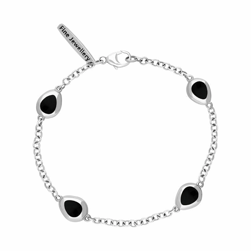 Sterling Silver Whitby Jet Oval Fleur De Lis Detail Four Stone Bracelet