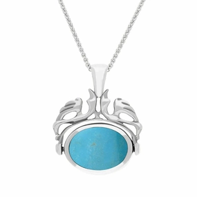 Sterling Silver Whitby Jet Turquoise Double Sided Oval Swivel Fob Necklace