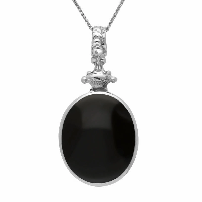 Sterling Silver Whitby Jet White Mother Of Pearl Double Sided Oval Fob Necklace